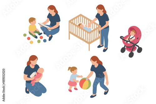 Set of icons depicting mother caring for infant and toddler activities