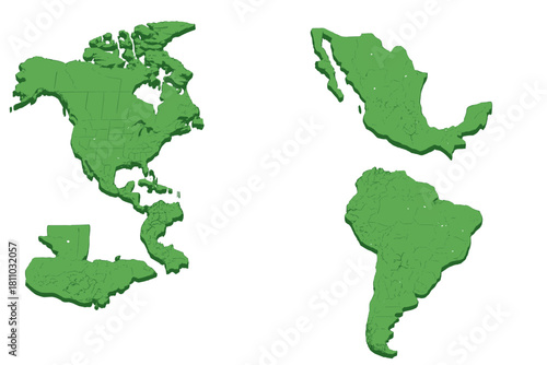 3D Green Maps of North and South America Continents with Country Borders