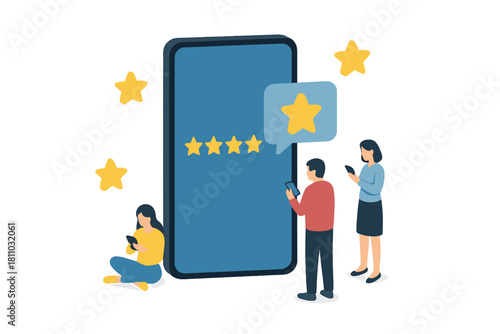 Mobile user giving five star rating for customer satisfaction and service feedback
