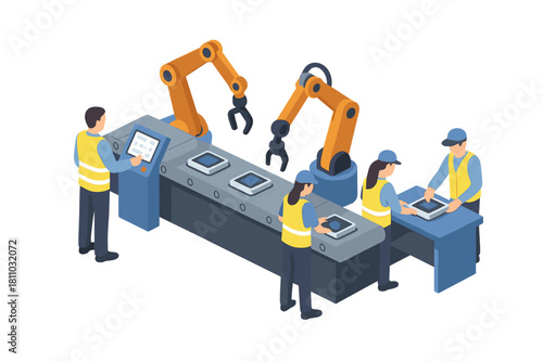 Isometric factory workers operating automated assembly line with robotic arms