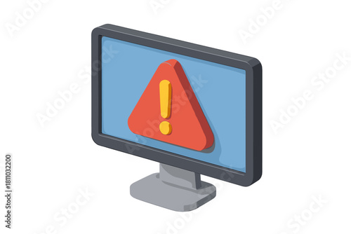 Isometric 3D render of a computer monitor displaying a critical warning alert symbol on the screen
