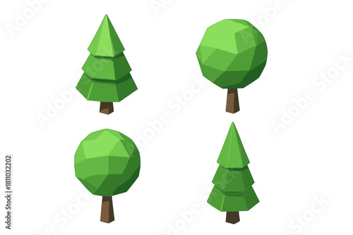 Four low poly style green trees with brown trunks isolated on white background