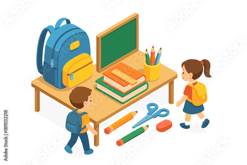 Children and educational supplies on a desk for back to school concept