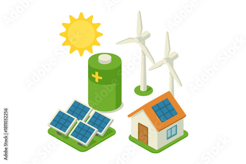 Isometric renewable energy sources with house and battery storage icons