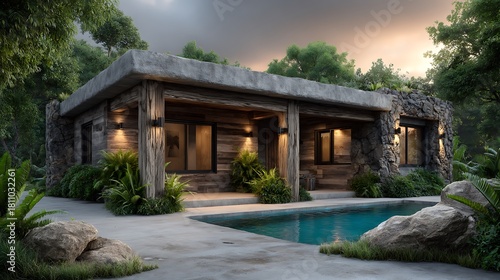 Fototapeta Naklejka Na Ścianę i Meble -  Cozy architectural rendering of modern house with pool and parking area, wooden cladding design, soft exterior lighting, summer night stars above.