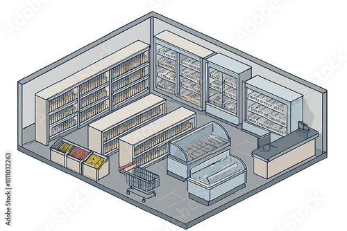 Isometric empty grocery store interior with shelves and checkout counter