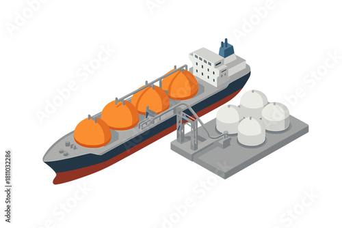 Isometric liquefied natural gas carrier ship unloading at storage tanks terminal