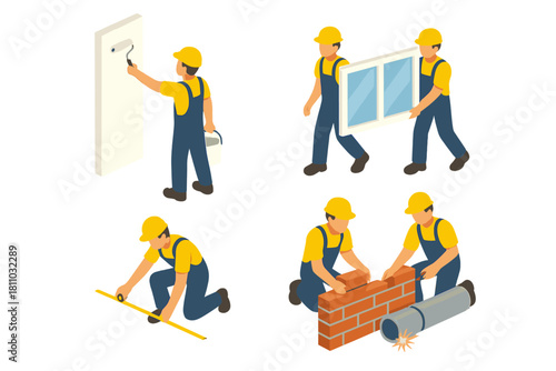 Isometric construction workers performing various building and renovation tasks