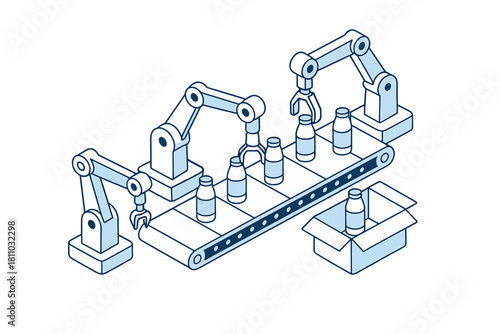 Isometric robotic arms packaging bottles on automated conveyor belt system