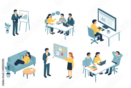 Isometric business people collaborating in modern settings