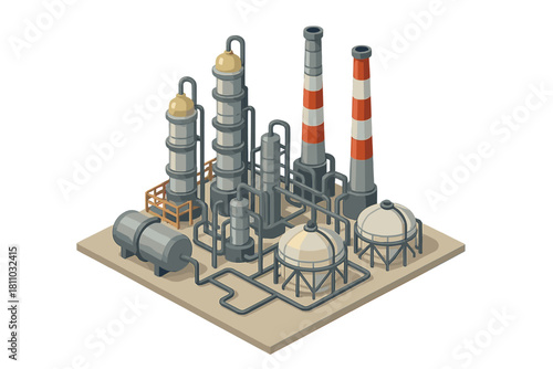 Isometric view of industrial chemical processing plant equipment components