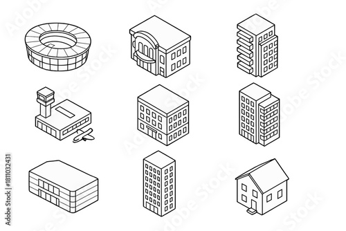 Set of nine isometric outline icons for various urban and public structures
