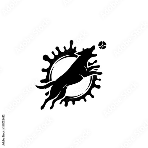 Energetic Silhouette Logo of a Dog Catching a Ball in Mid-Air