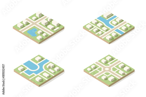 Isometric city block layouts with roads and architectural structures