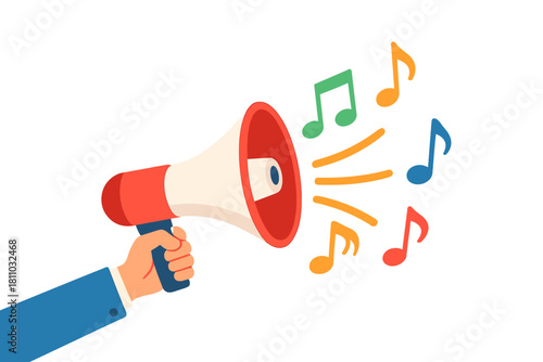 Hand holding megaphone announcing musical notes and sound waves