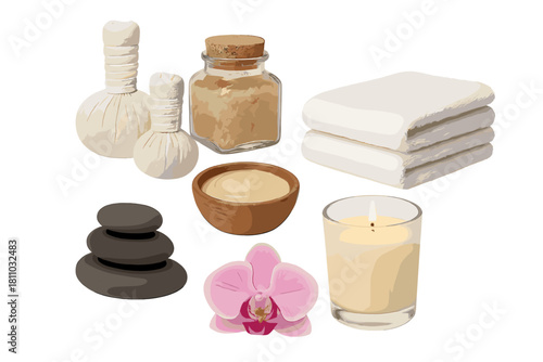 Spa treatment accessories with stacked stones, orchid flower, and candle