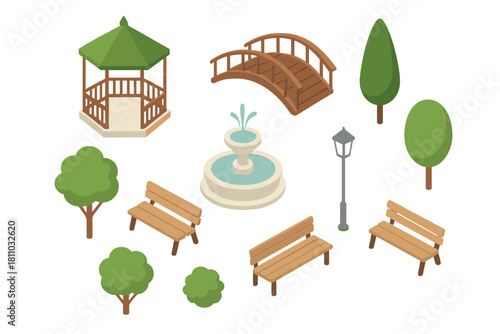 Isometric park elements collection with gazebo bridge fountain and benches