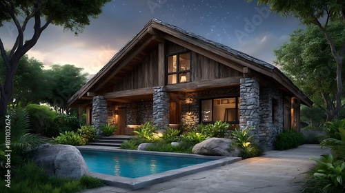 Fototapeta Naklejka Na Ścianę i Meble -  Cozy architectural rendering of modern house with pool and parking area, wooden cladding design, soft exterior lighting, summer night stars above.