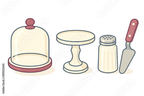 Kitchen and dining essentials set including glass cloche, dessert stand, spice shaker, and serving spatula