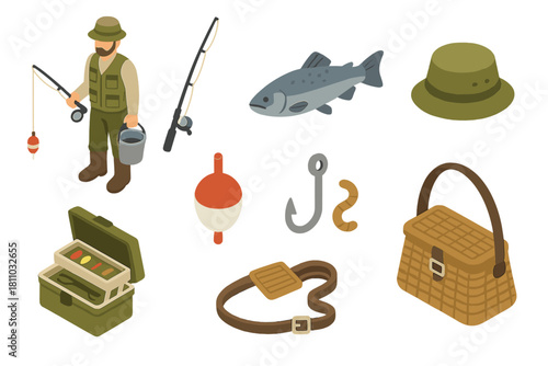 Isometric set of fishing gear and angler symbols