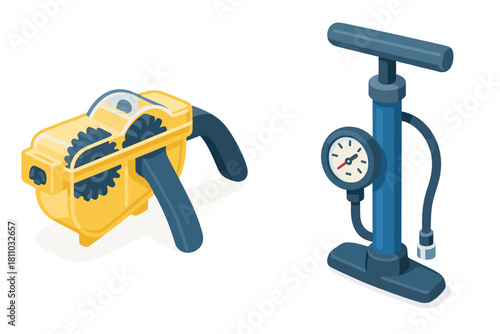 Bicycle maintenance tools set including chain cleaner and floor pump with pressure gauge