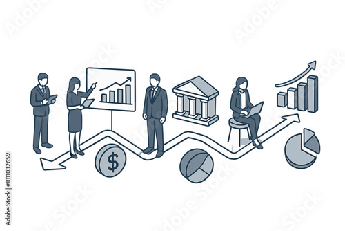 Business team analyzing financial growth path with charts and currency symbols