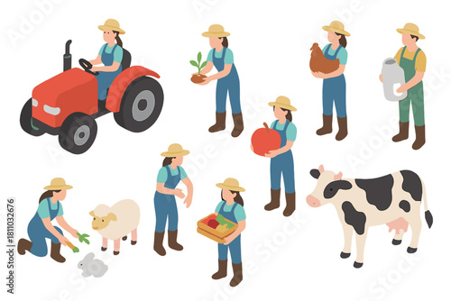 Diverse farmers working with agricultural machinery and livestock in isometric view