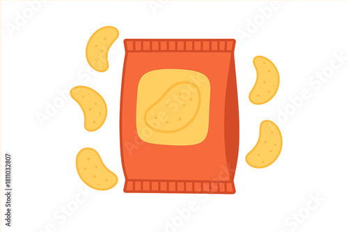 Potato chips bag with floating crispy snacks on white background