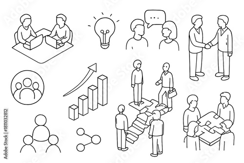 Business concept icons featuring teamwork and growth symbols