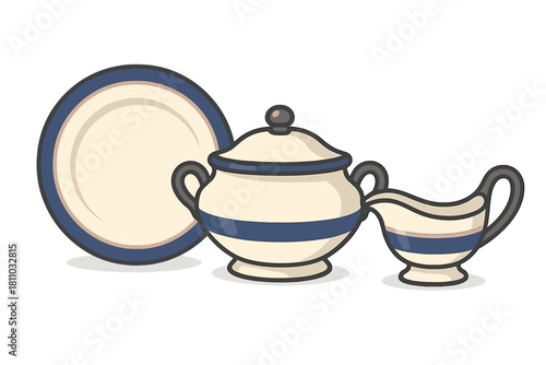 Classic ceramic dinnerware set with plate, soup tureen, and gravy boat featuring blue stripes