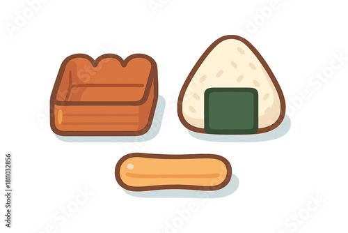 Japanese Onigiri rice ball wrapped in seaweed next to traditional bento box compartments