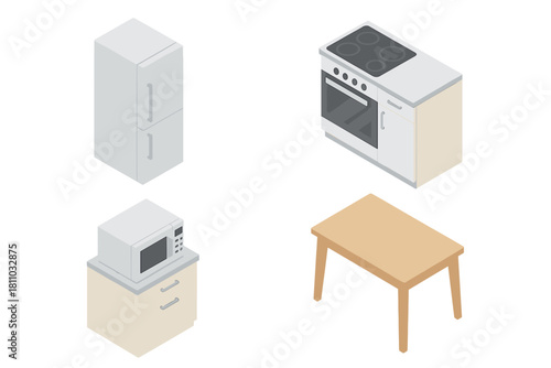Isometric kitchen appliances and furniture elements isolated on white background