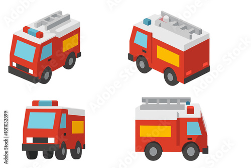 Four isometric low poly fire trucks shown from different angles