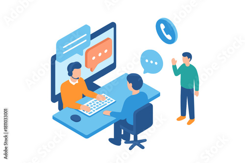 Isometric customer support interaction with online chat and phone communication icons
