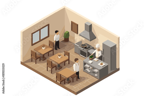 Isometric view of small restaurant kitchen and dining area with staff