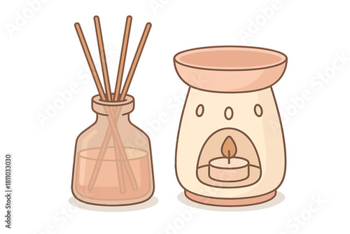 Home fragrance set featuring a reed diffuser and a ceramic essential oil burner