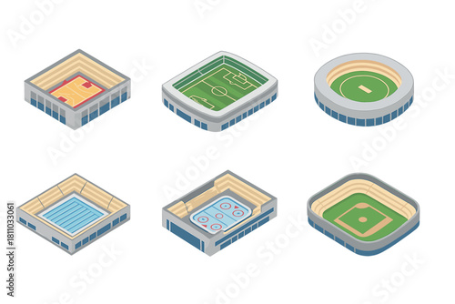 Isometric top view collection of various sports arenas and stadiums