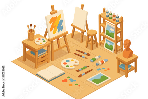 Isometric view of art studio supplies and easels setup