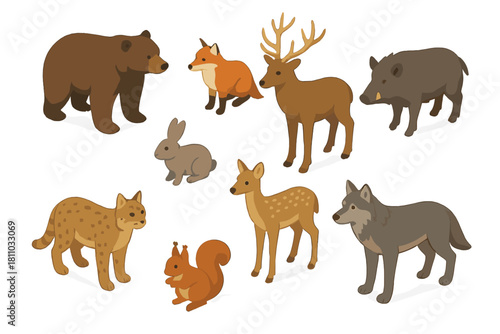 Isometric icons of various forest and woodland animals in a collection