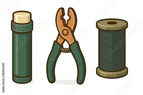 Stylized survival gear components including pliers, thread, and sealed container
