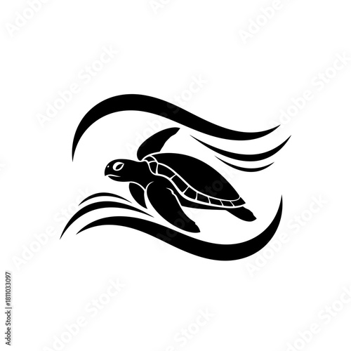Serene Silhouette Logo of a Sea Turtle Gliding through Waves (1)
