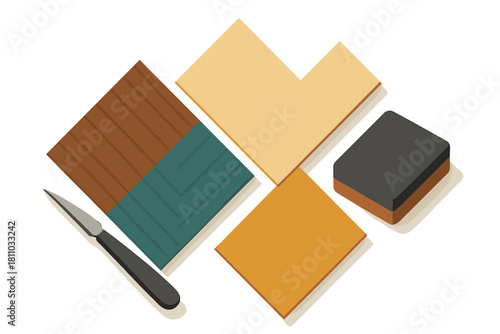 Isometric arrangement of various parquet and laminate flooring materials with a utility knife