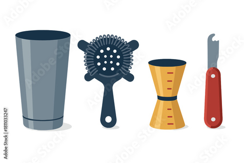 Professional bar accessories set including cocktail shaker, strainer, jigger, and bottle opener