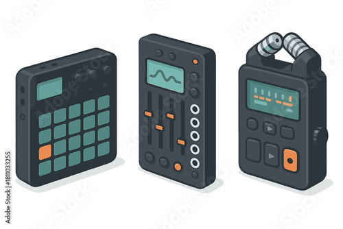 Isometric set of portable music production devices: sampler, mixer, and recorder