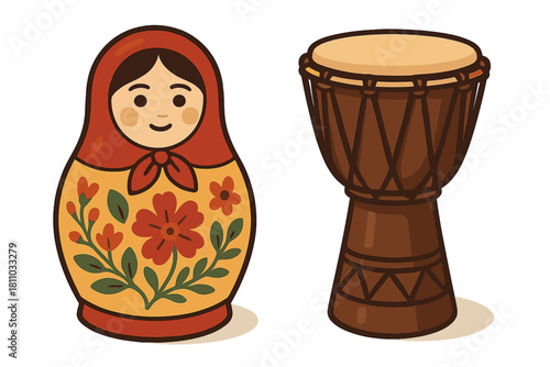 Russian Matryoshka doll with floral pattern next to African Djembe hand drum