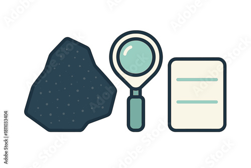 Rock sample analysis with magnifying glass and research report icons