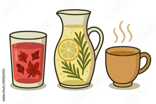 Pitcher of lemonade with rosemary, glass of red fruit drink, and hot steaming mug