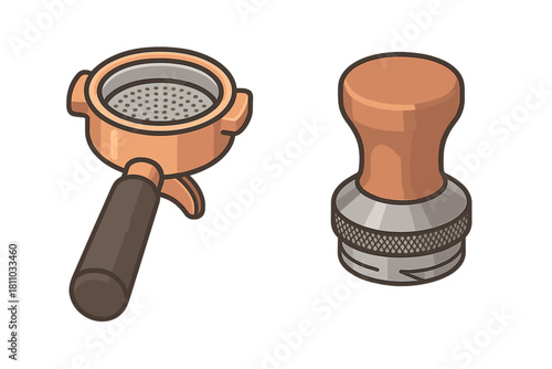Isometric icon of espresso machine portafilter and coffee tamper tools