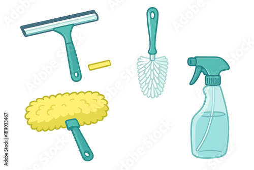 Set of cleaning tools including squeegee, duster, brush, and spray bottle