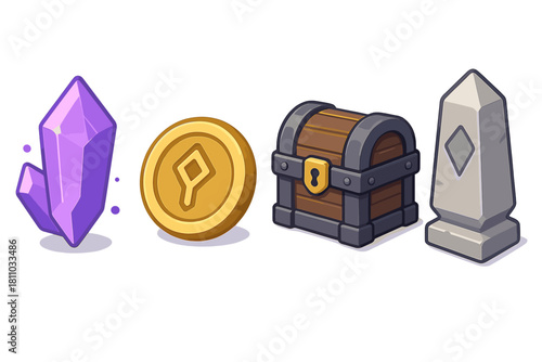 Game assets collection with crystal, coin, treasure chest, and stone obelisk